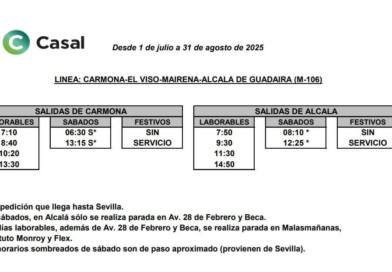 Horario Veraniego de autobuses metropolitanos en las líneas Carmona-El Viso-Mairena-Alcalá-Sevilla