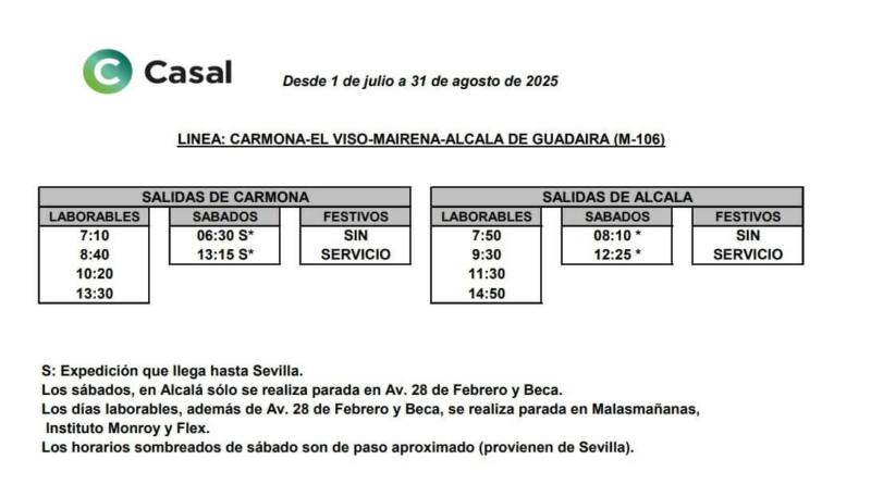 Horario Veraniego de autobuses metropolitanos en las líneas Carmona-El Viso-Mairena-Alcalá-Sevilla