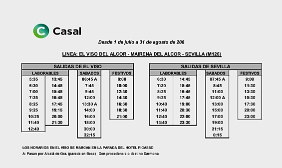 Nuevo horario veraniego de los autobuses Casal desde el día 1 de julio: Líneas M-106 y M-126